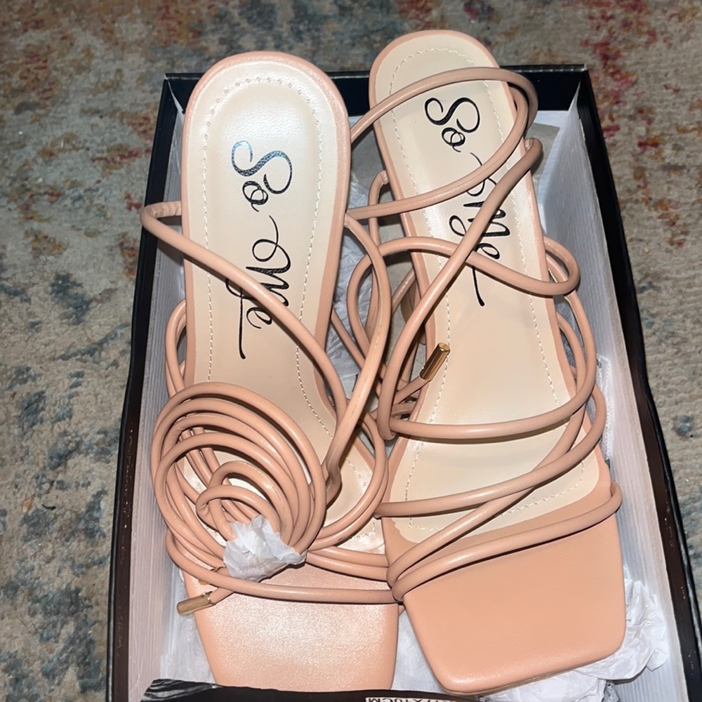 Square Toe Nude Wraparound Heels